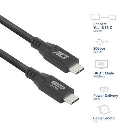 ACT USB-C to USB-C Cable, 1 m / USB4, 20Gbps, 240W