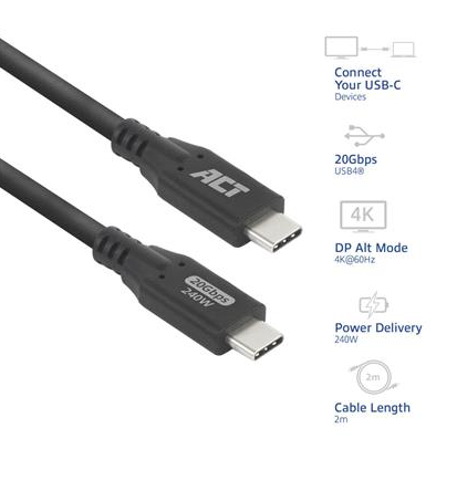 ACT Кабел USB-C - USB-C, 2 м / USB4, 20Gbps, 240W