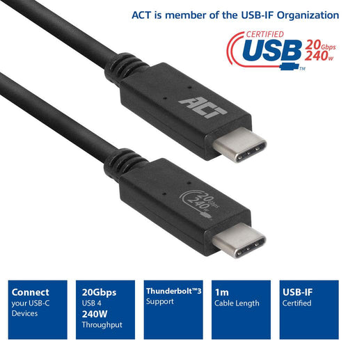 ACT USB-C to USB-C Cable, 1m / USB4, 20Gbps, 240W, USB-IF certified
