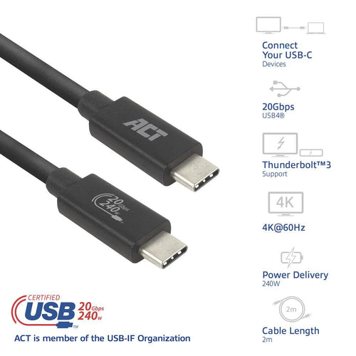 ACT USB-C to USB-C cable, 2 m / USB4, 20Gbps, 240W, USB-IF certified