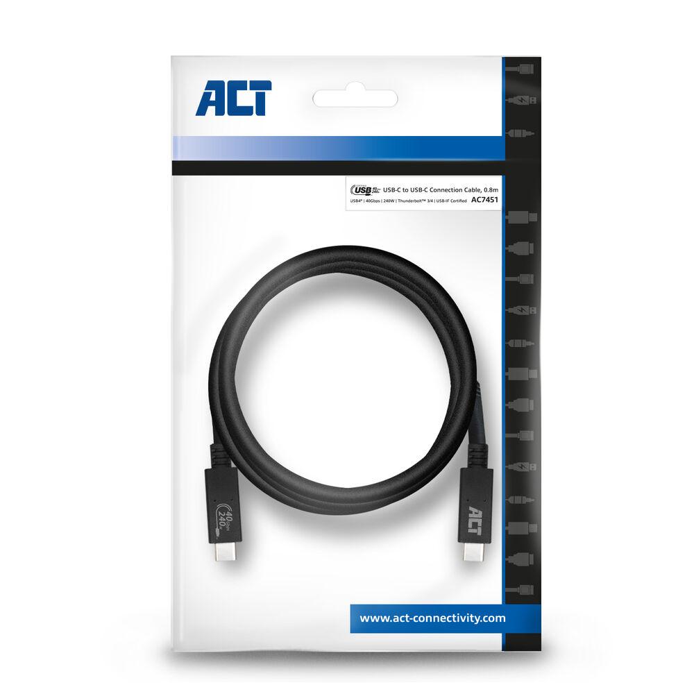 Кабел ACT USB-C - USB-C, 0.8 м / USB4, 40Gbps, 240W, сертифициран USB-IF
