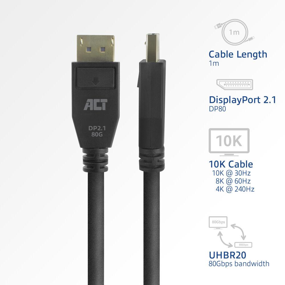 ACT Кабел Display port 2.1 мъжко-мъжко,8К@60Hz,4k@240Hz, 1м, черен