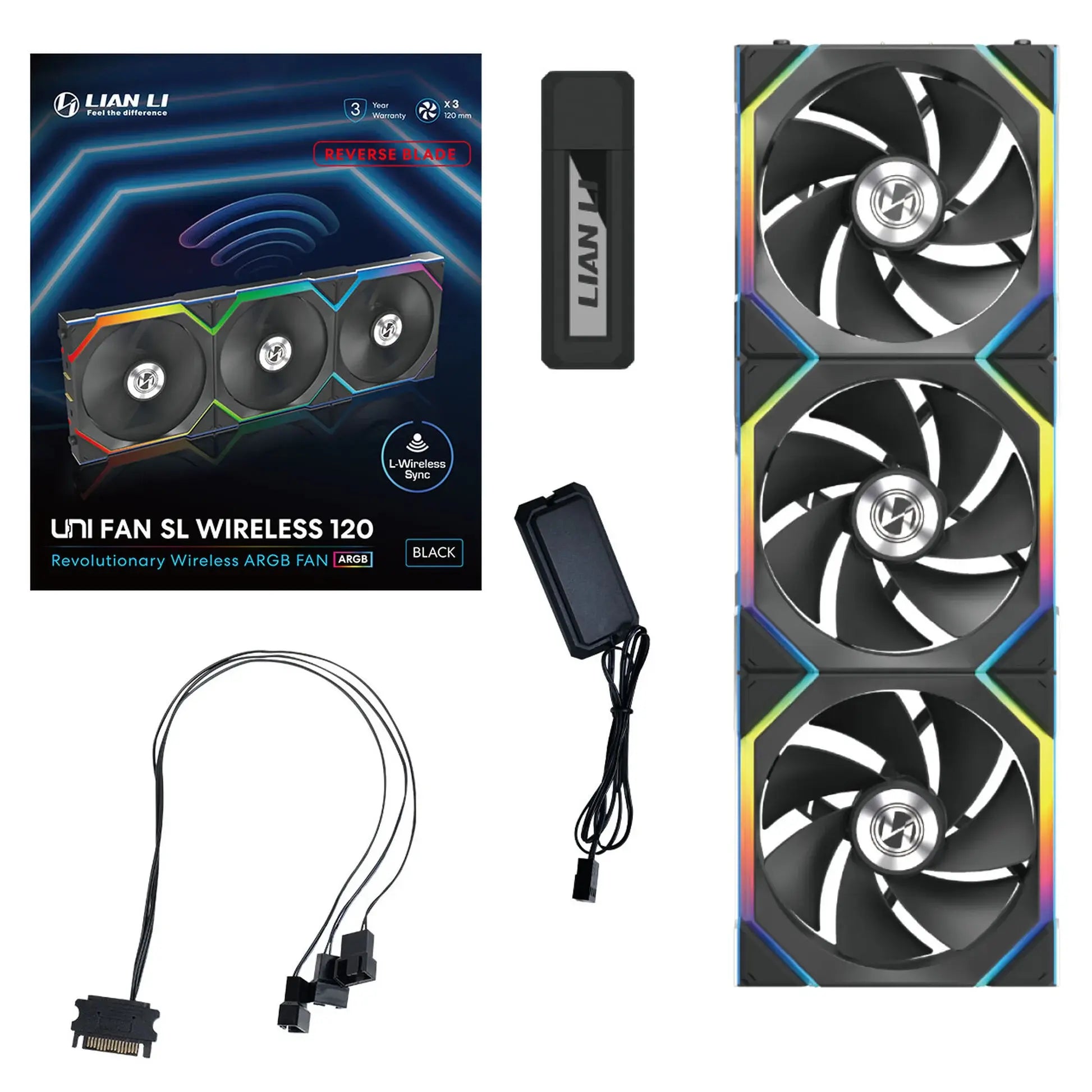 Вентилатори 3бр Lian Li UNI FAN SL Wireless ARGB PWM Reverse Blade - 120 mm Черен + Контролер
