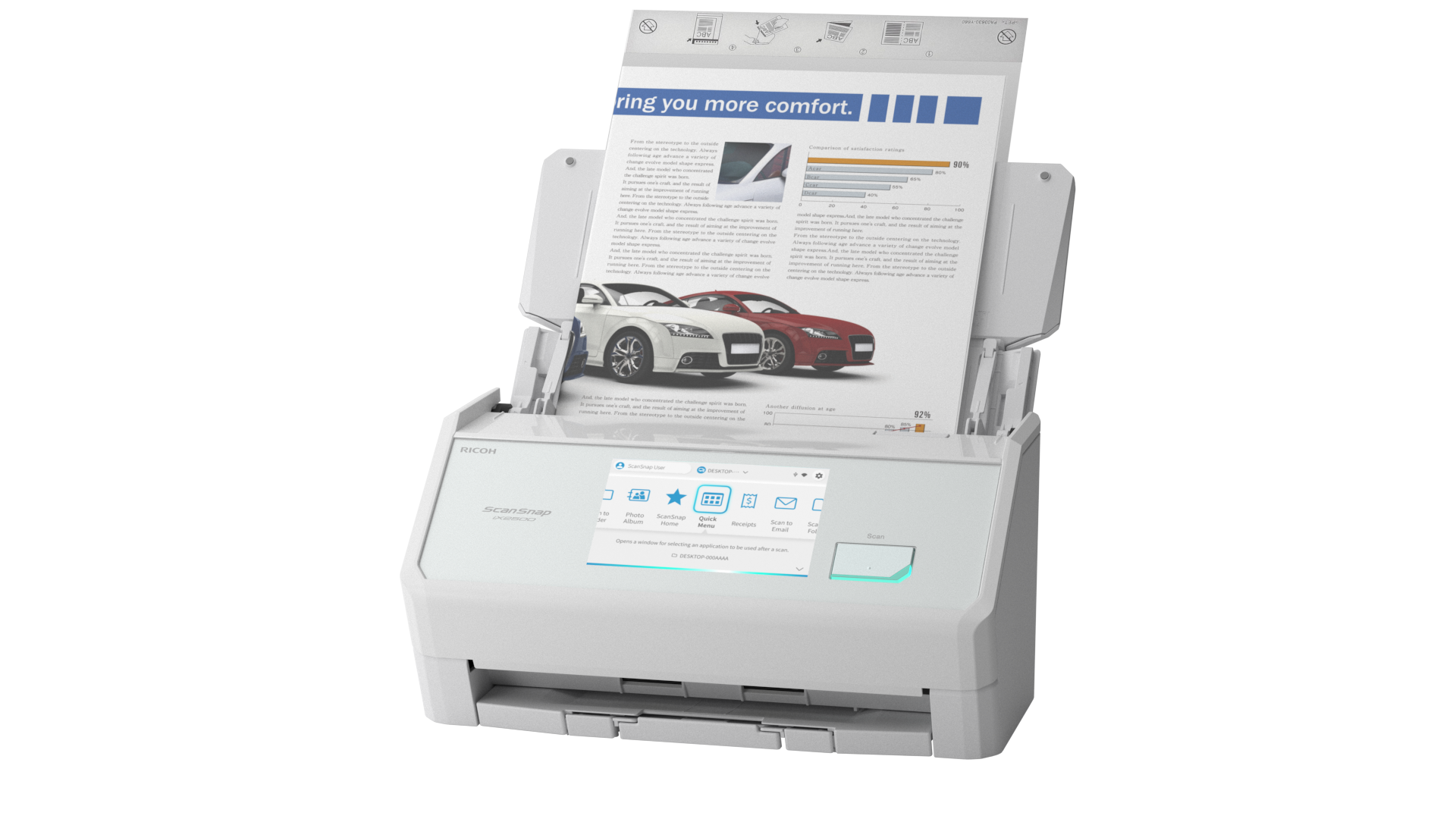 Скенер Ricoh ScanSnap iX2500,A4, USB 3.2,Wi-Fi, Duplex ADF, 45ppm/90 ipm, 5" тъч дисплей;бял