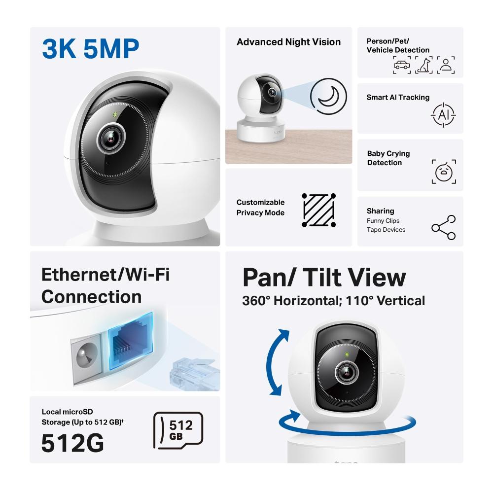Домашна охранителна WiFi камера TP-Link Tapo C232, 3K 5Mp  с AI, Pan/Tilt, LAN, WiFi,SDmicro, нощно виждане