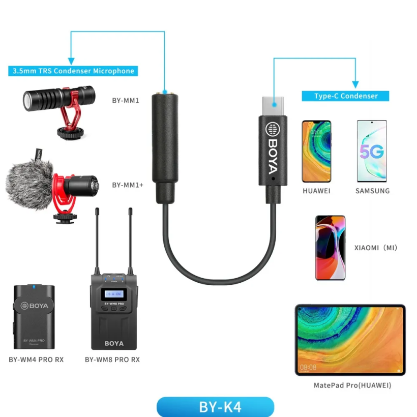 Адаптер BOYA 3.5mm TRS женски към USB-C мъжки, 6cm, BY-K4