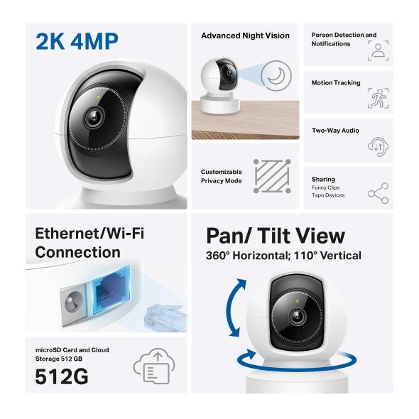 IP камера куполна TP-Link Tapo C222, 2560x1440@30fps, Pan/Tilt, H.264, microSD, Wi-Fi, аудио, RJ-45