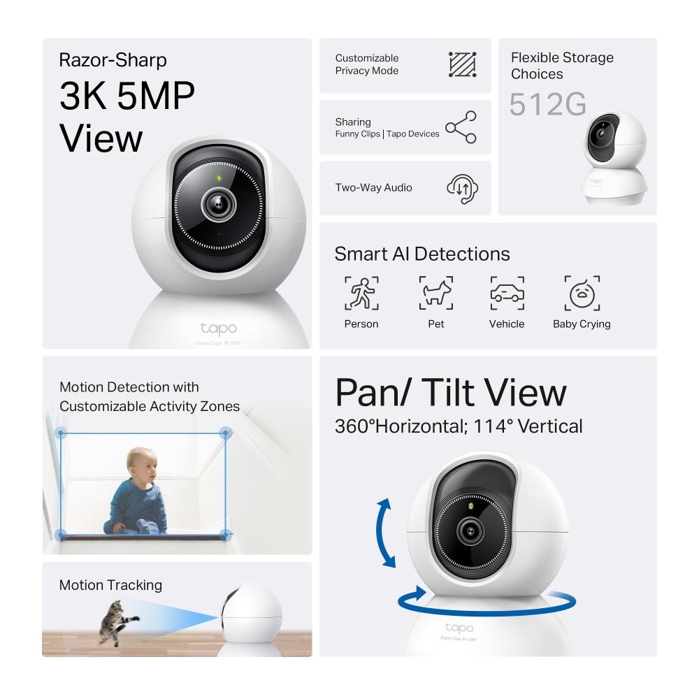 TP LINK Домашна охранителна камера с AI, 3K 5MP (2880×1620 px), H.264, microSD, 2.4 GHz Wi-Fi